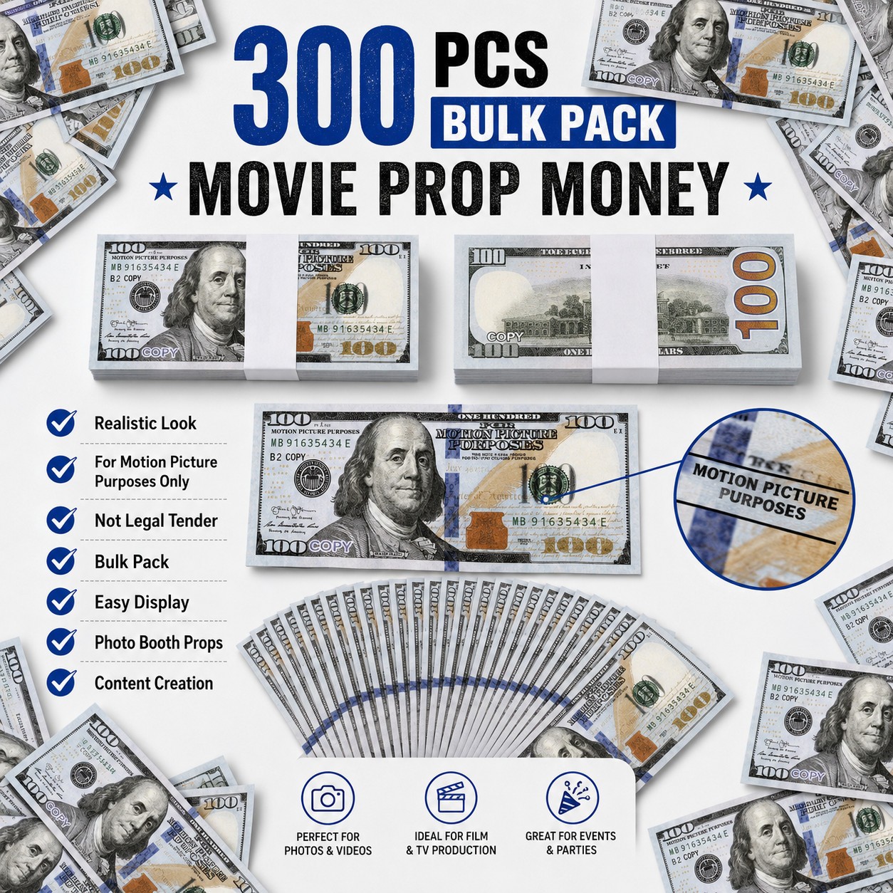 300 PCS Motion Picture Use Props Money for Party Video Photo Booth Props