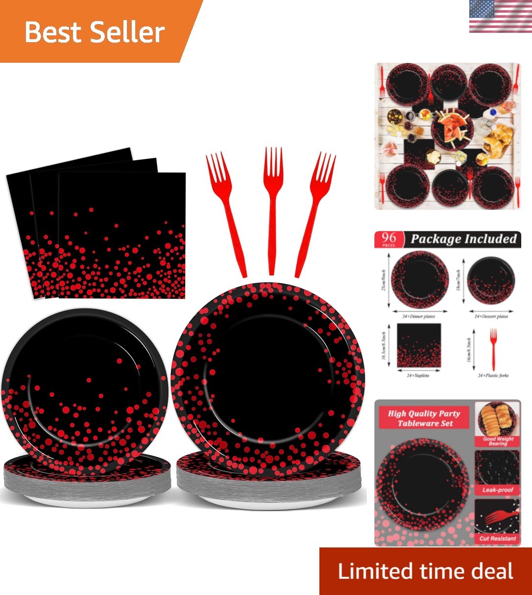 96 Pcs Black and Red Party Plates and Napkins Party Supplies Red Dot on Black…