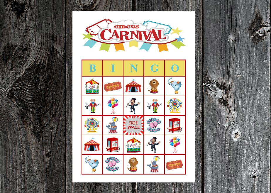 Circus Carnival Birthday Party Game Bingo Cards on Card Stock 10/20/30ct