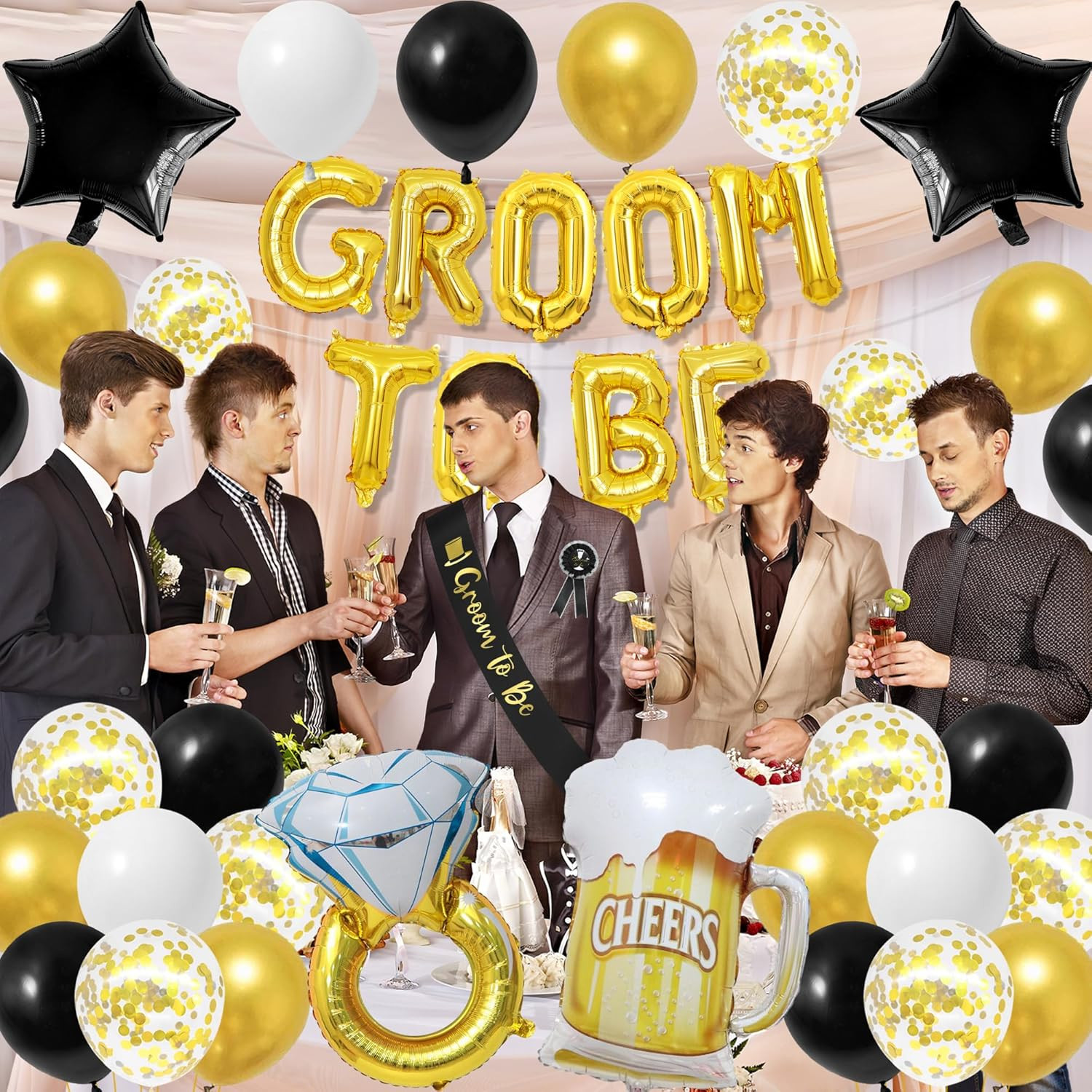 Gold Bachelor Party Decorations for Men, Groom to Be Banner Fringe Curtains, Gro