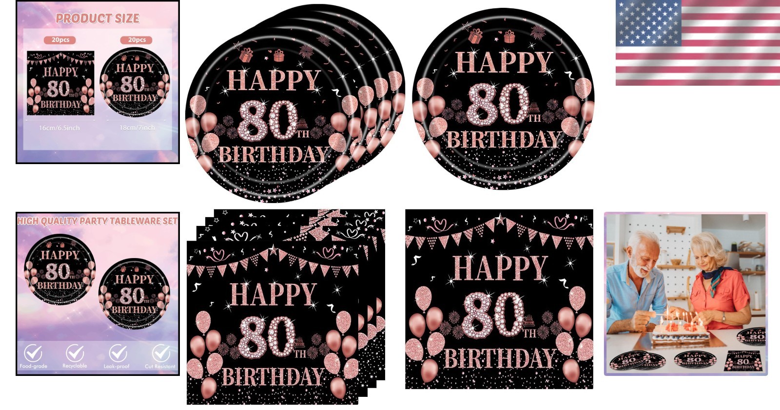 40PCS Black & Rose Gold 80th Birthday Party Supplies – For Elegant Celebrations