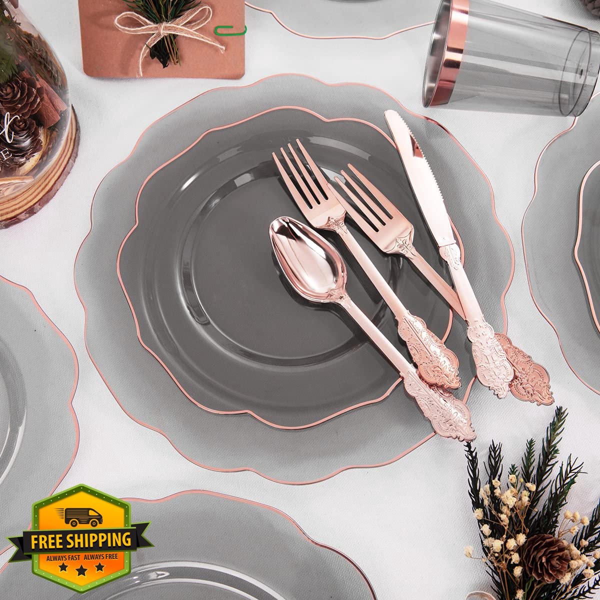 BUCLA Clear Black Rose Gold Plastic Plates and Silverware 30 Guests