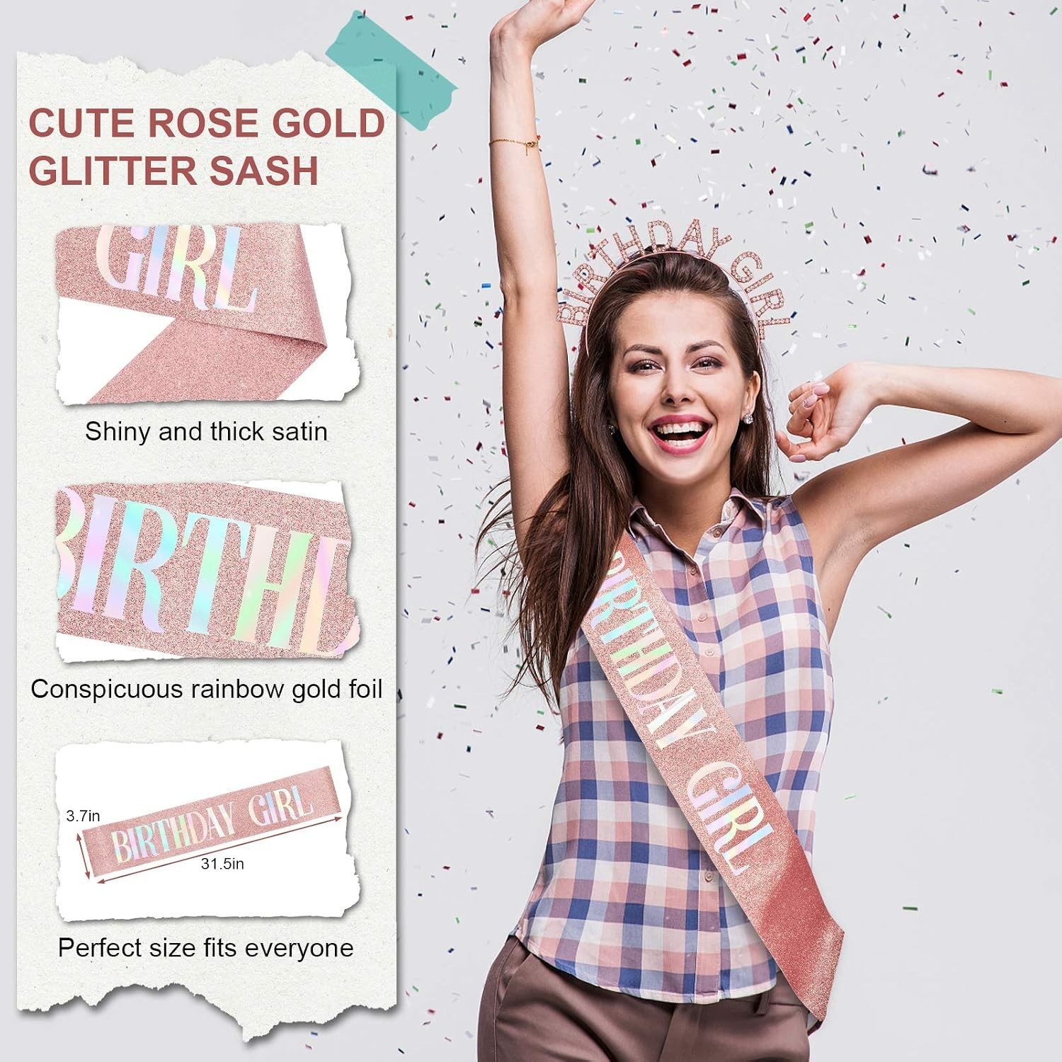 Birthday Crown and Sash Set for Women – Glitter Birthday Girl Sash, Rose-Gold…