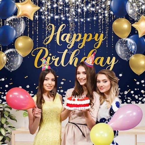 Happy Birthday Backdrop for Men Boys Navy and Gold Happy Birthday 7x5ft Blue