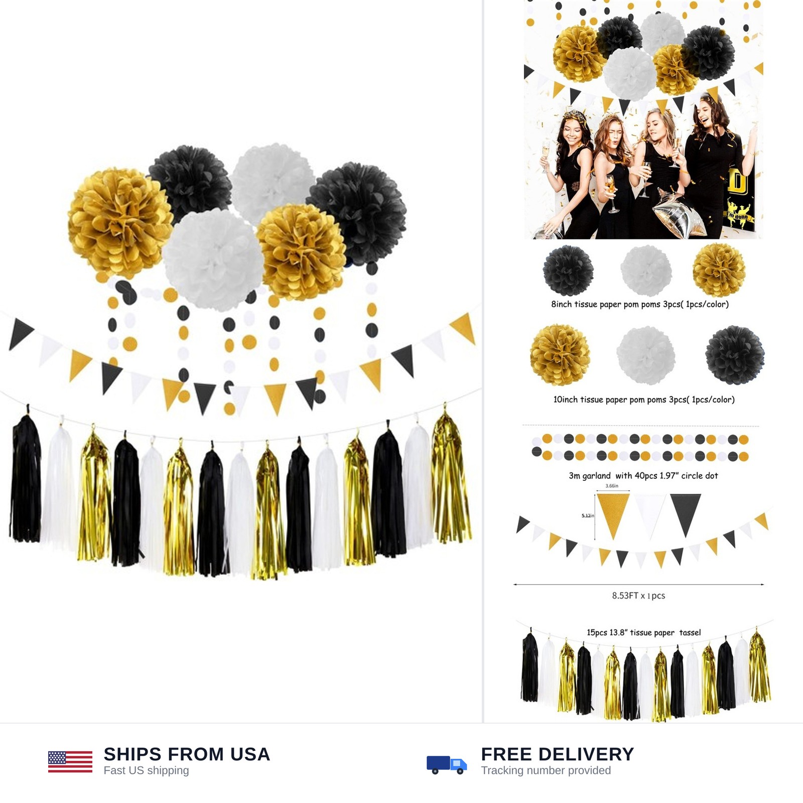 Black Gold Graduation Party Decorations – 23pcs Kits Farewell Tissue Pom Poms…