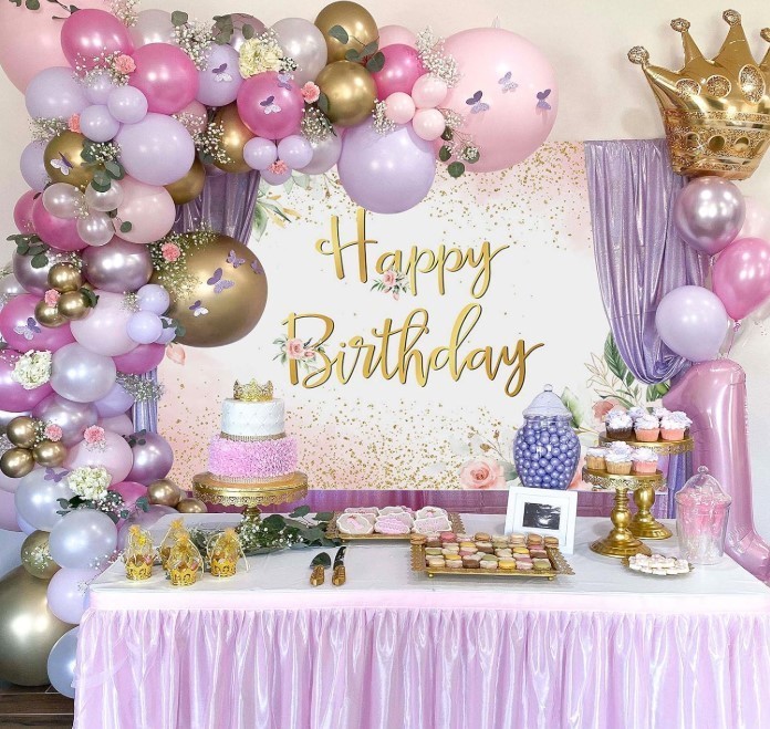 Rose Gold Birthday Backdrop for Women Pink Floral Golden Flash Happy Birthday Pa