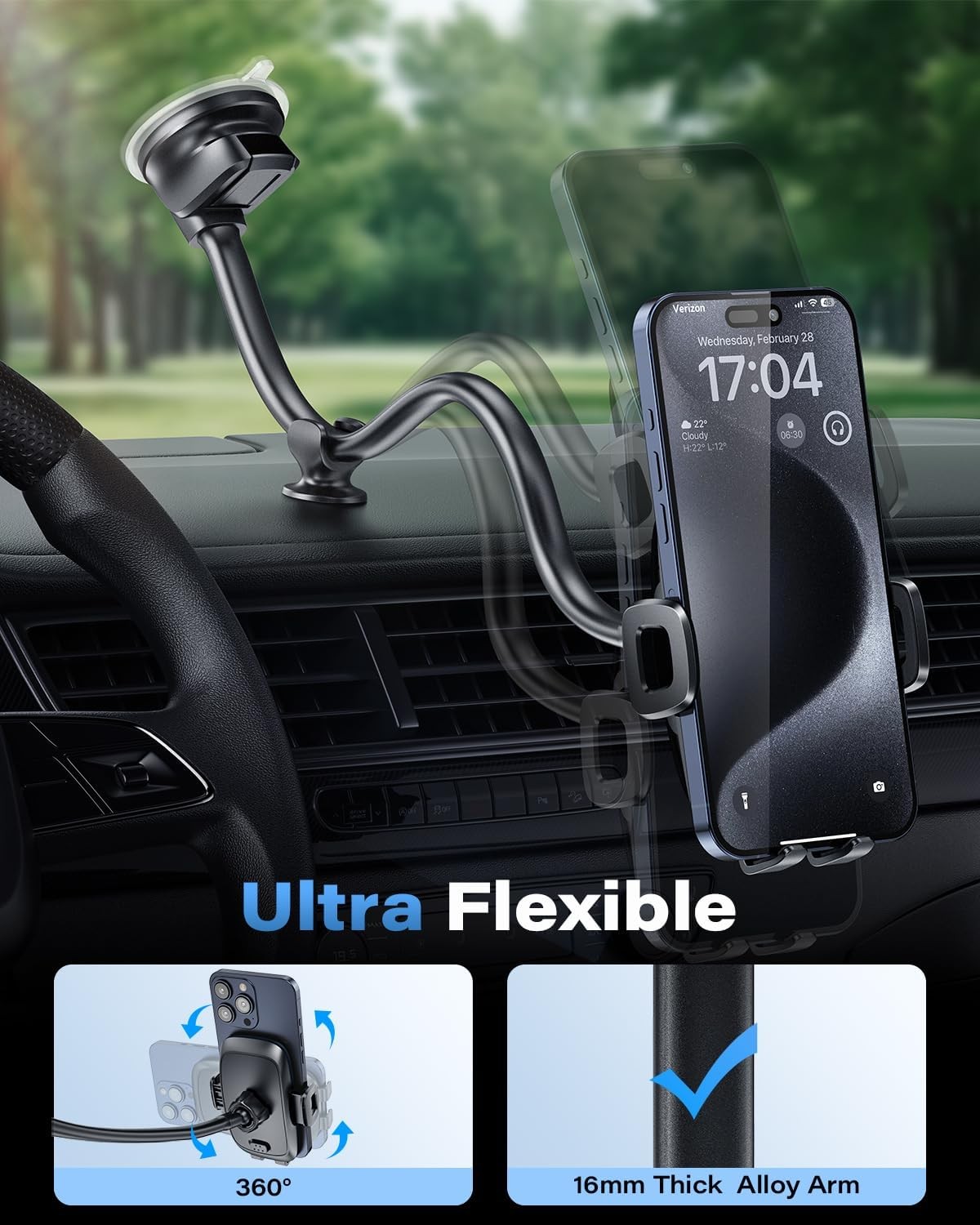 1Zero Solid Car Truck Phone Mount Holder with 14-Inch Gooseneck Long Arm, Windsh