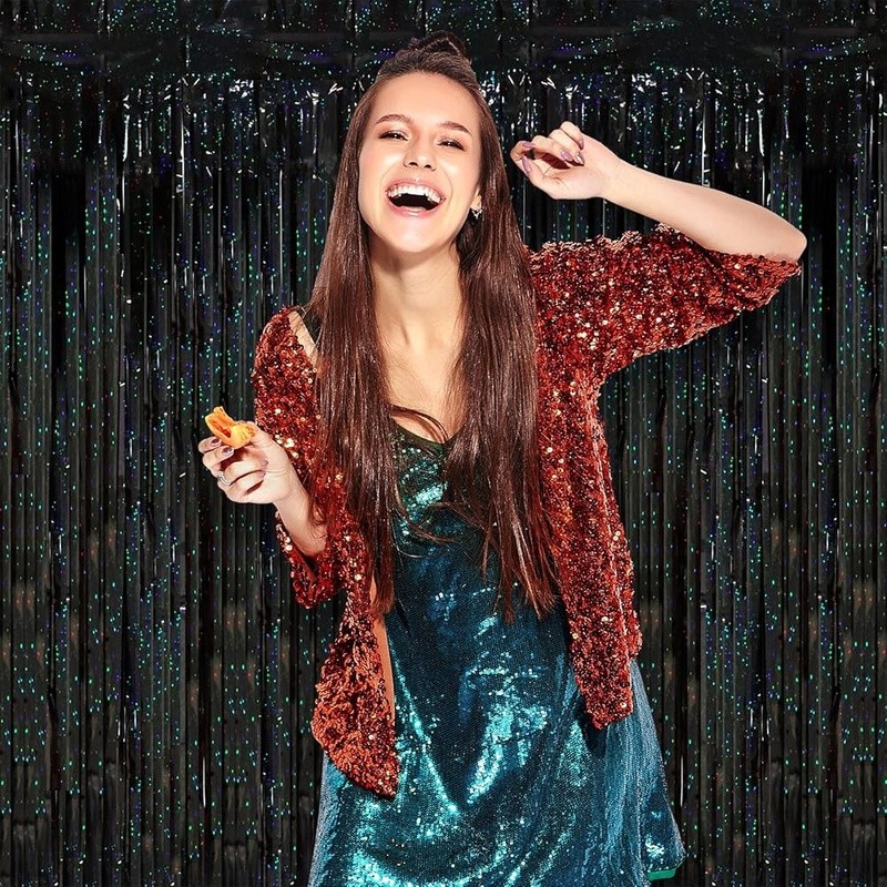 Black Foil Fringe Backdrop Curtains Set Tinsel Party Decorations 2 Pack Reusable