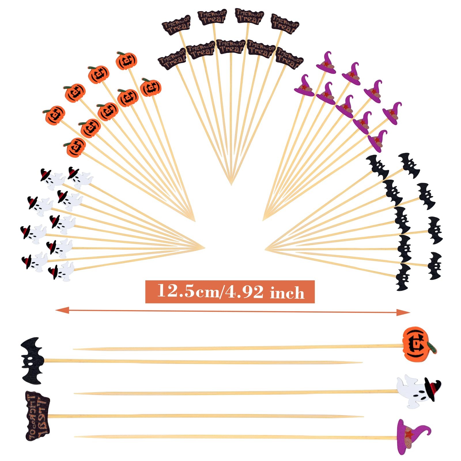 100 Pack Halloween Toothpicks For Appetizers 4.7 Inch Natural Bamboo Cocktail Pi