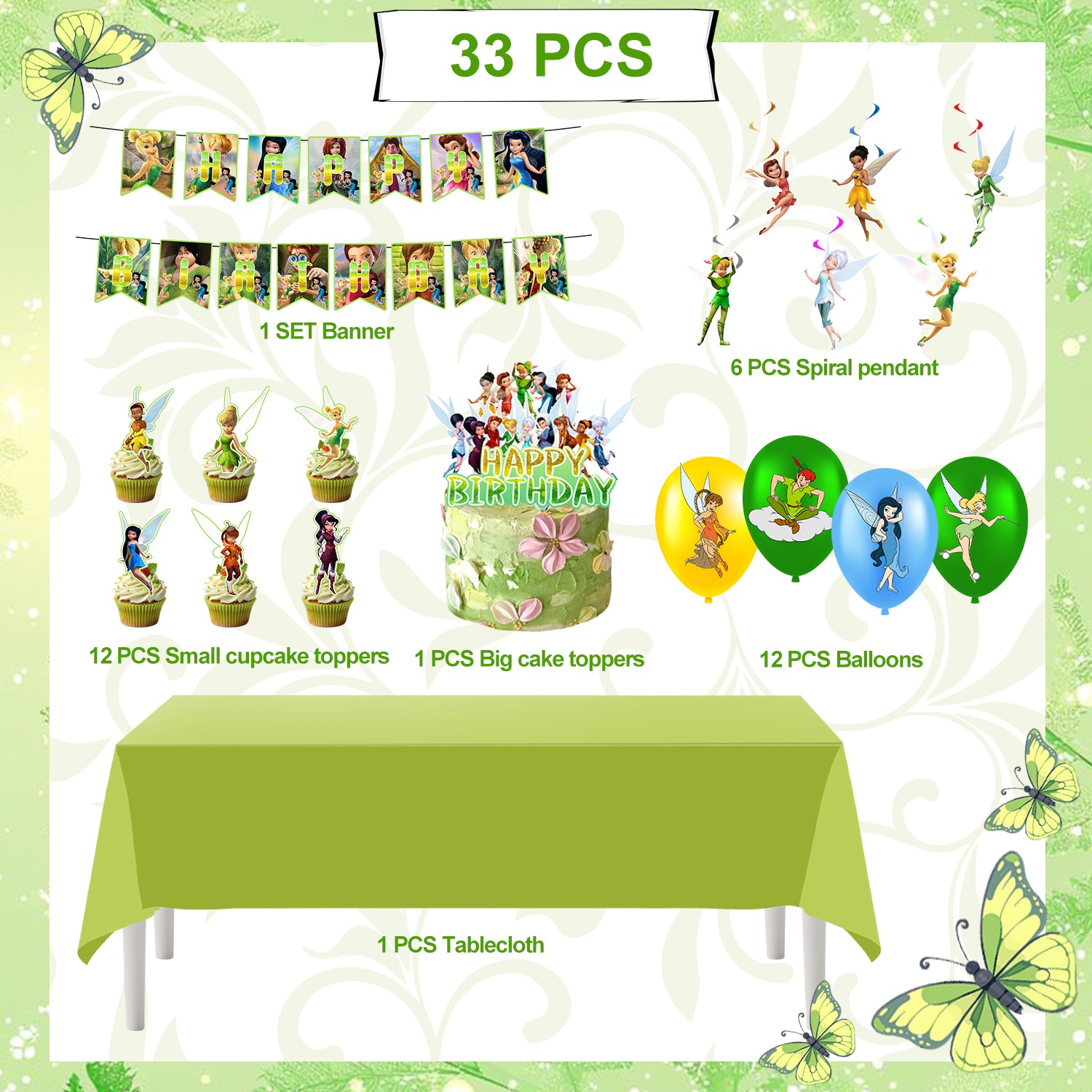 33 Pcs Tinker Bell Party Decoration Tinkerbell Birthday Supplies Balloons Banner