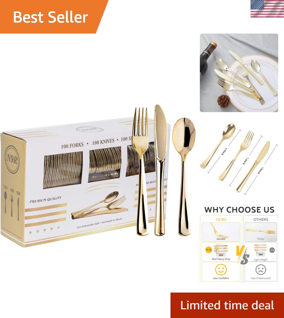 300PCS Gold Plastic Silverware, Heavy Duty Gold Plastic Cutlery Set Disposabl…
