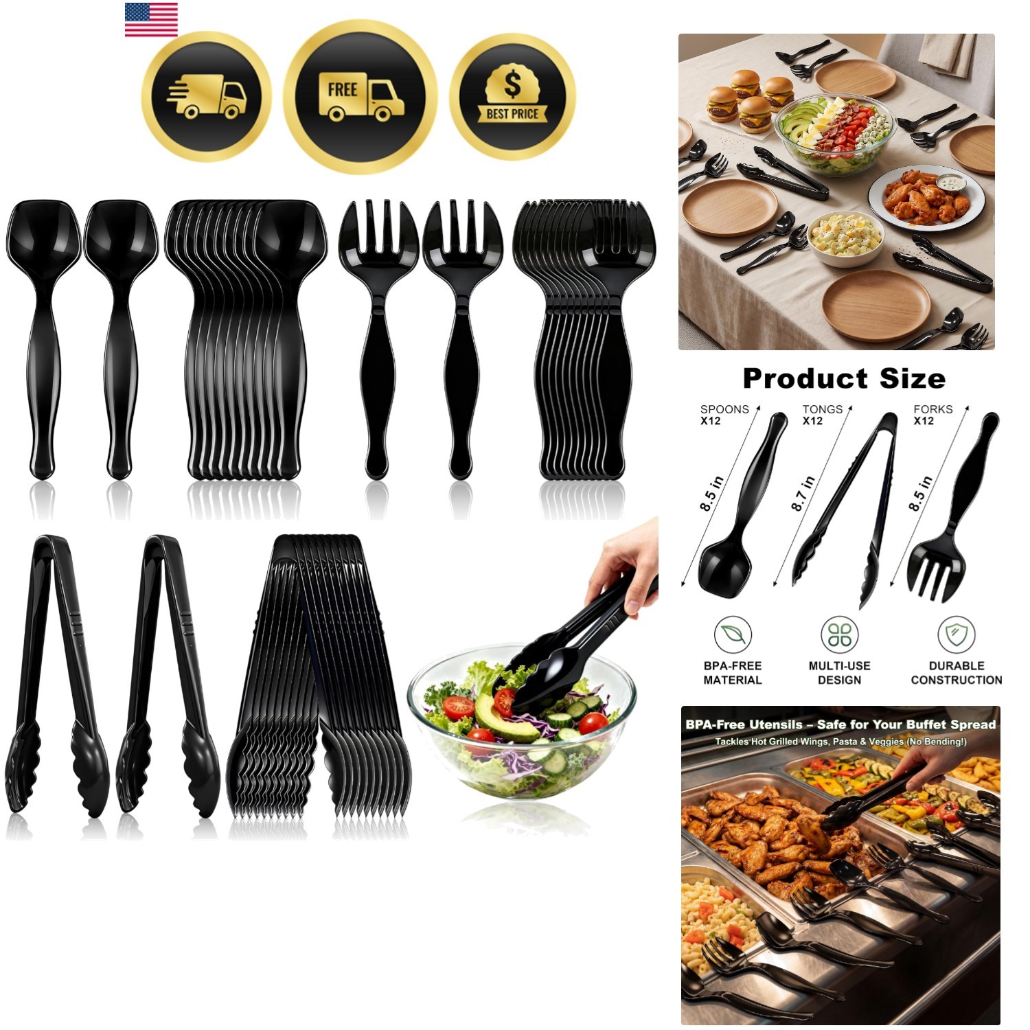 Disposable Plastic Serving Utensils Set 36Pcs Heavy Duty Black For Party