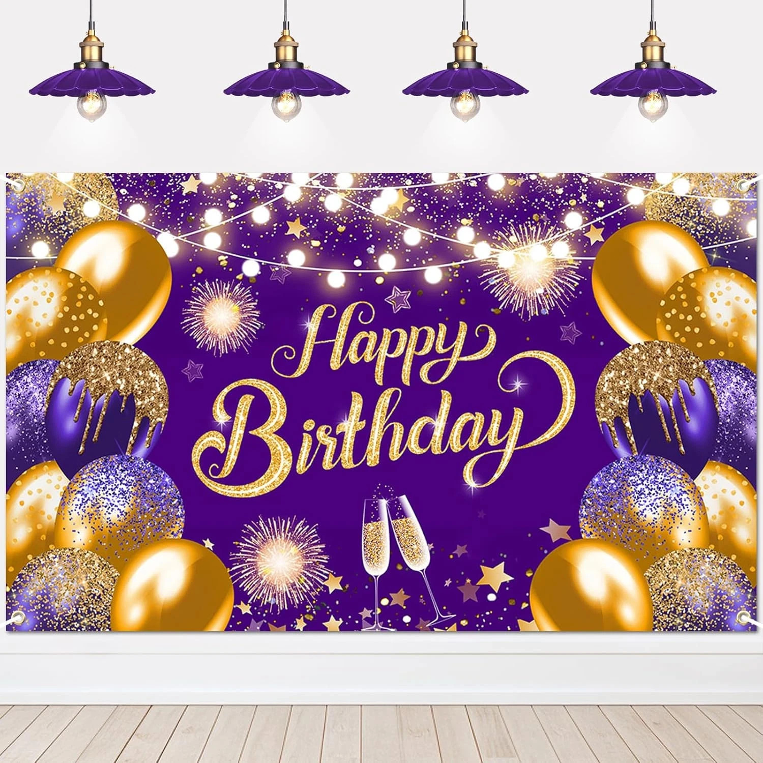 Purple Gold Happy Birthday Backdrop 6X3.6 Ft Purple Banner for Birthday Party…