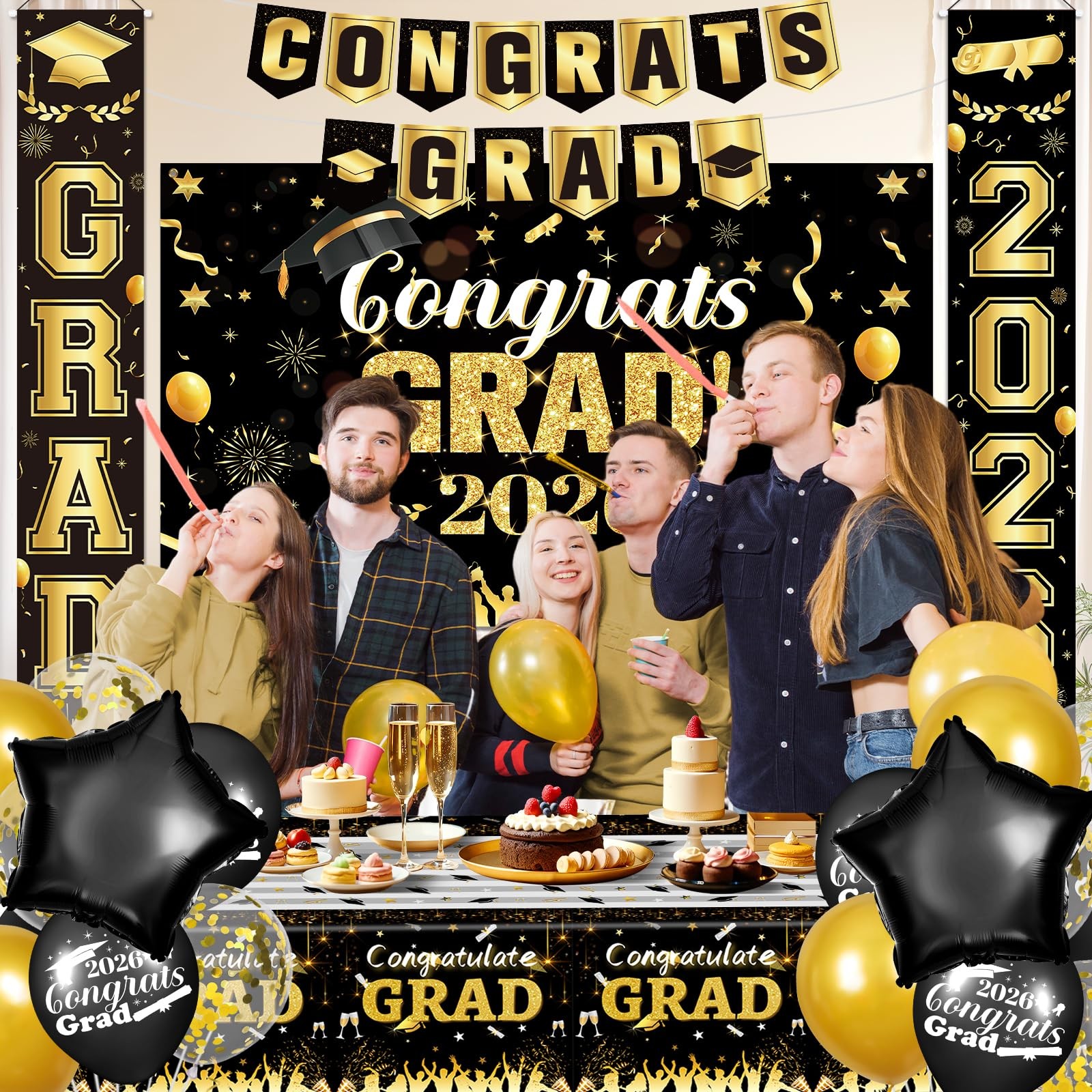 Black Gold Graduation Decorations 2026 Congrats Grad Party Supplies Set Fabri…