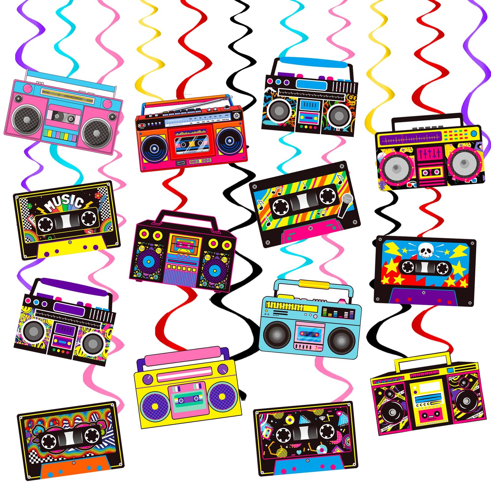 20 PCS Cassette Tape Boombox Hanging Swirls Retro Radio 80s 90s Party