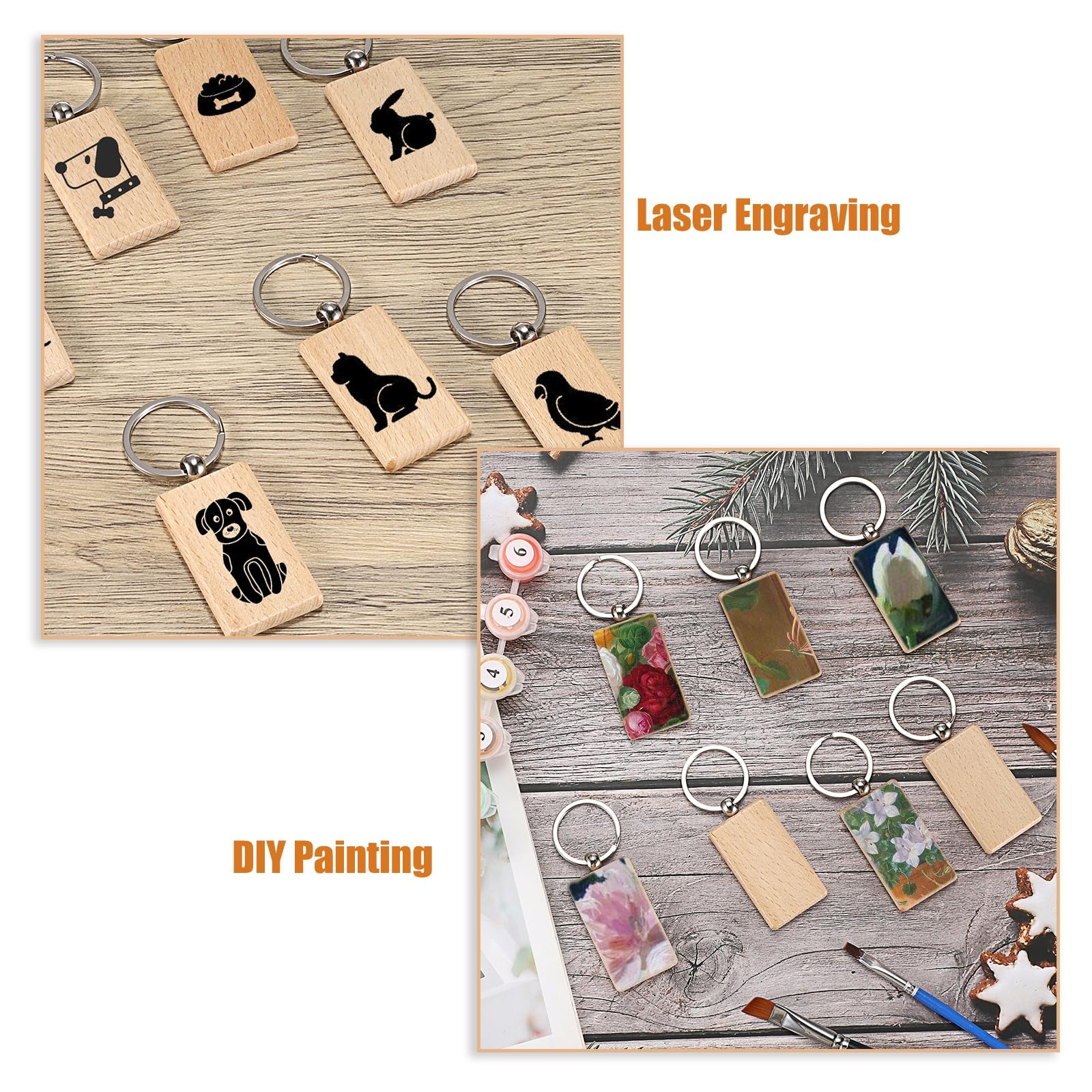 TOLIDA 100pcs Rectangle Wood Keychains – 5.5 * 3cm Blank Wooden Key Fobs Key