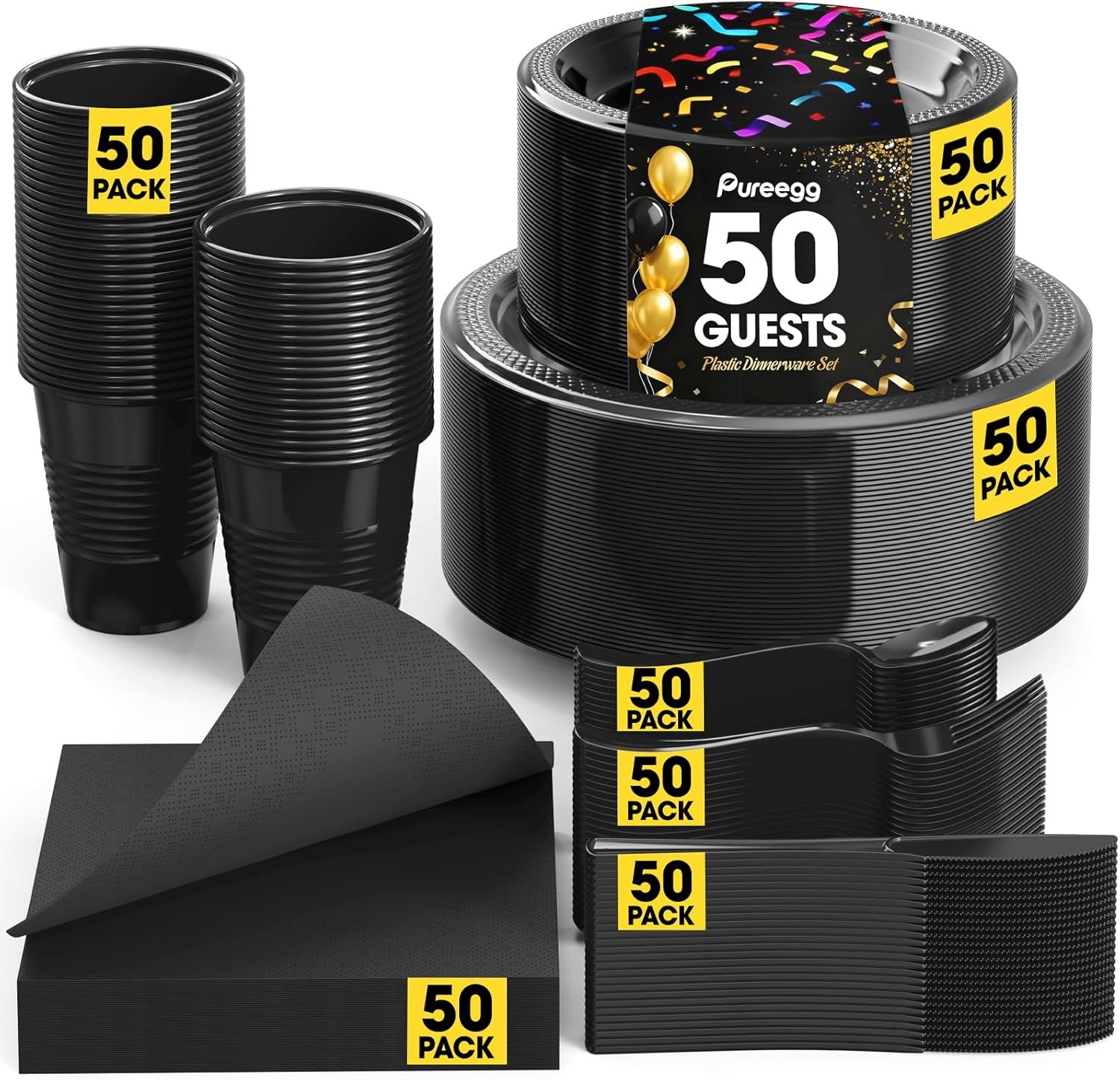 Black Plastic Plates Set – 350 Pcs Complete Dinnerware Sets for