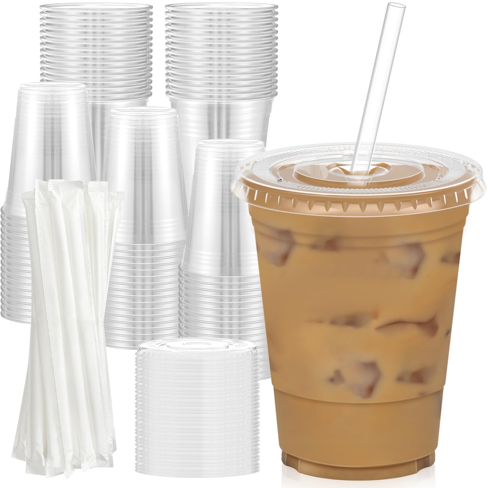Dealusy 100 Pack 16 oz Clear Plastic Cups with Lids and Straws Sturdy & Food