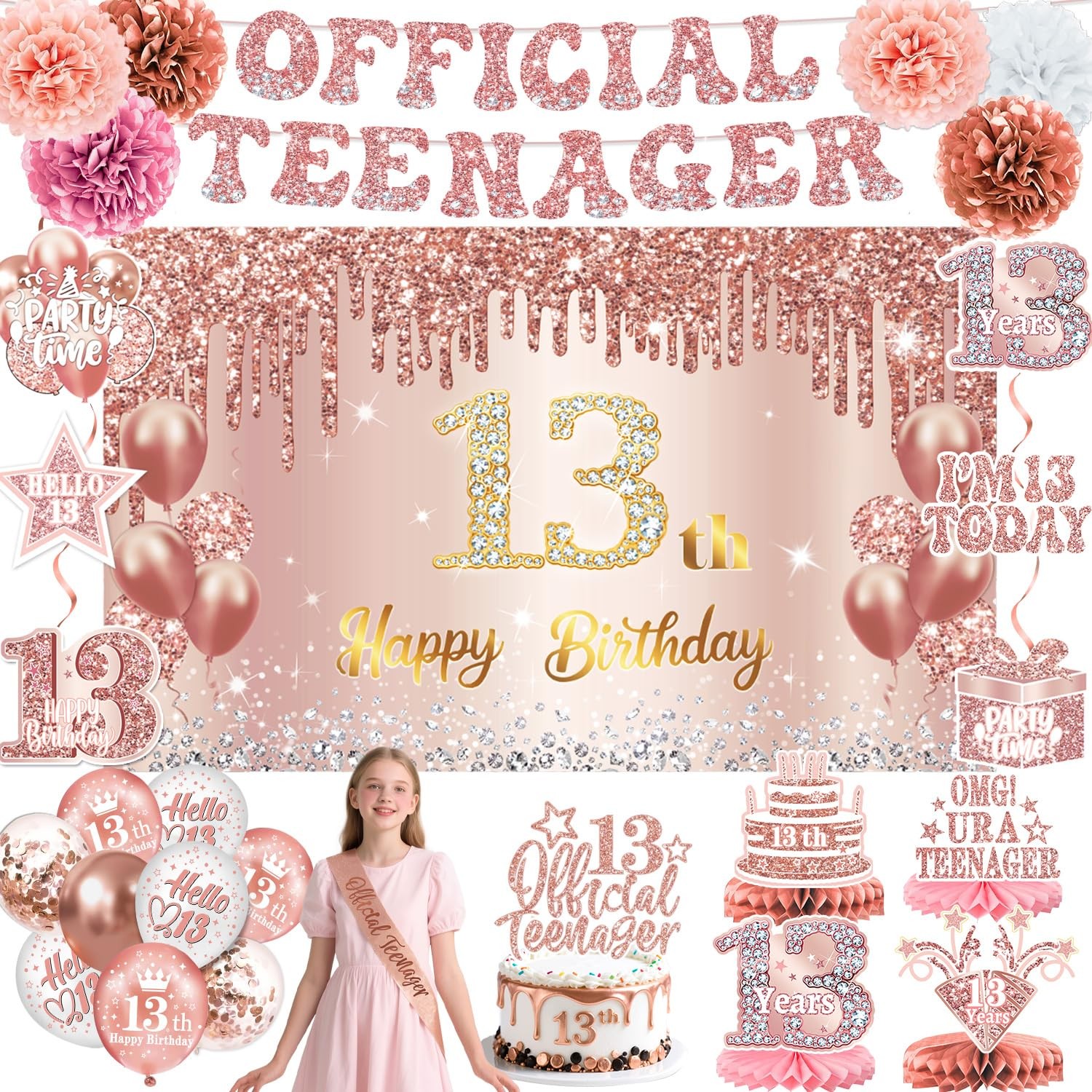 13th Birthday Decorations for Girls – 58pcs Backdrop, Balloons, Centerpieces