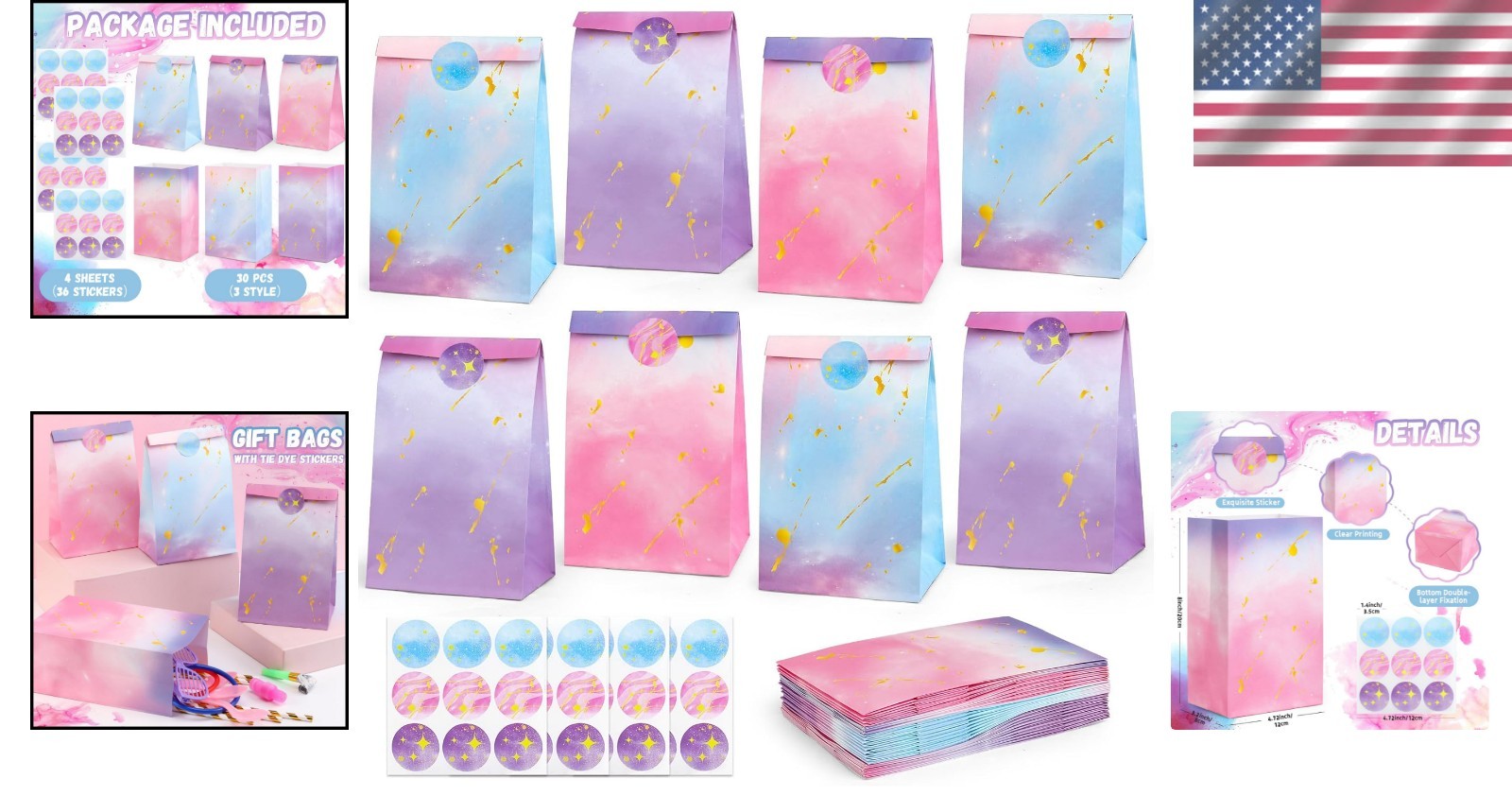 Colorful Tie Dye Party Bags (30 Count) with Stickers – Ideal for Any Occasion
