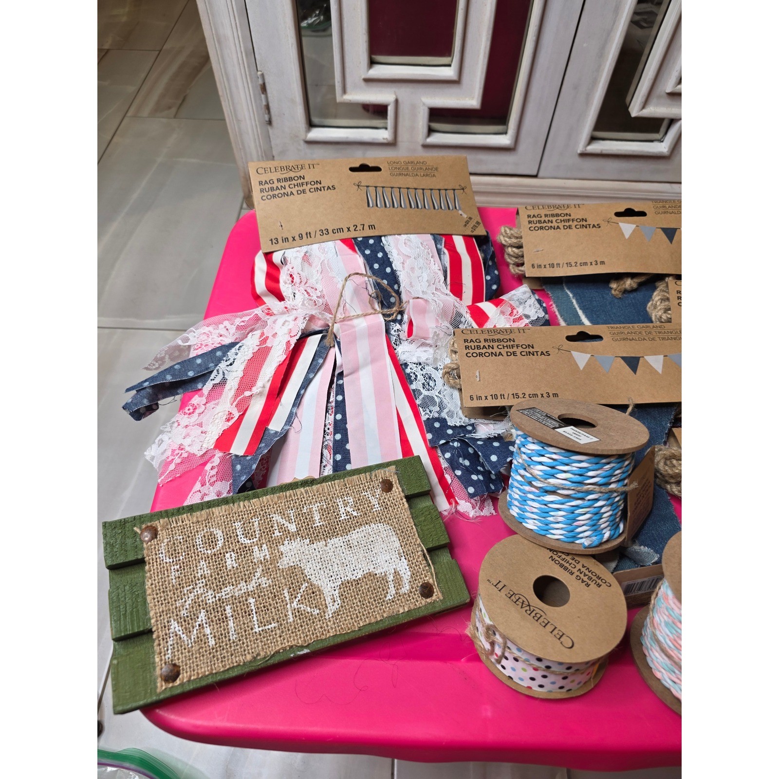 Celebrate It Rag Ribbon Garland Twine Lot Farmhouse Country Fresh Milk Sign NEW