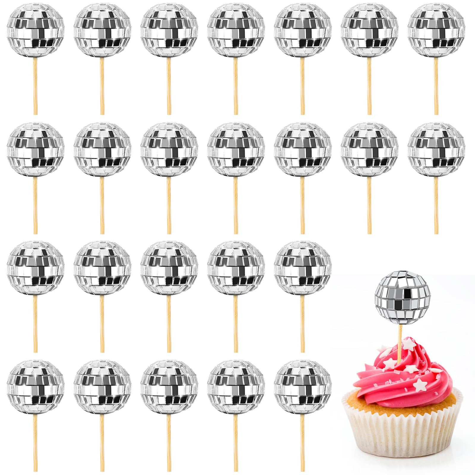 Soelomu 24 Pcs Disco Ball Cupcake Toppers, Mini 1.2 inches, Silver
