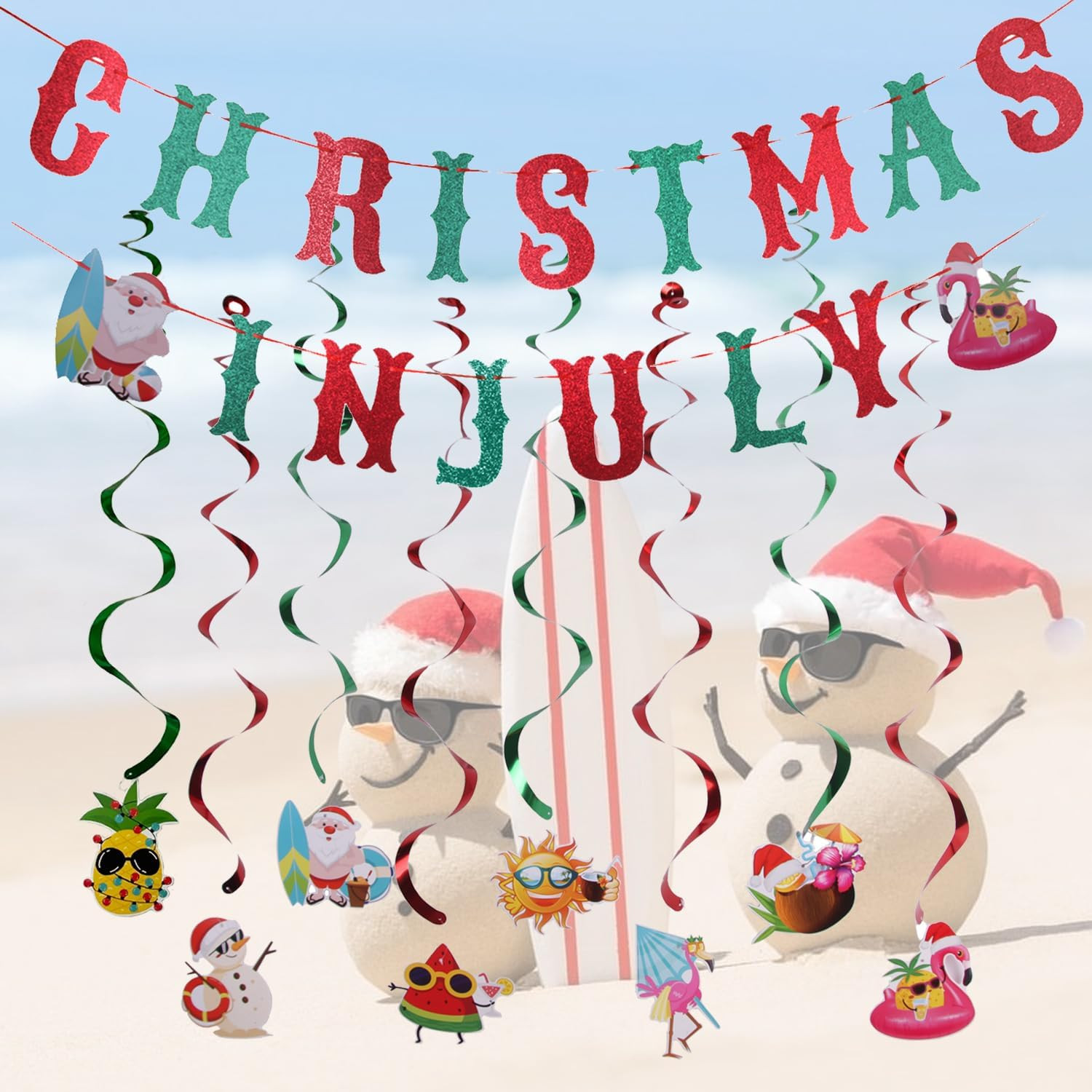 Glitter Christmas in July Bunting Banner with 8 Pieces Swirl Garlands Tropical C