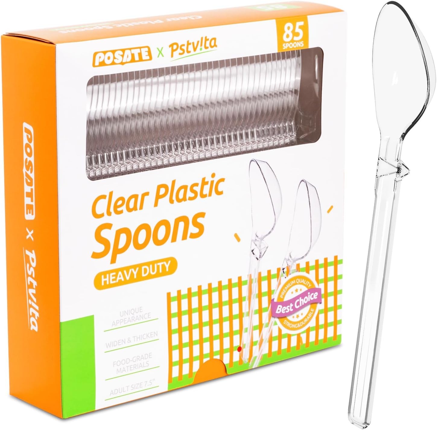 Plastic Spoons Heavy Duty, Disposable Clear Silverware Full Size 7.5″, Pack of