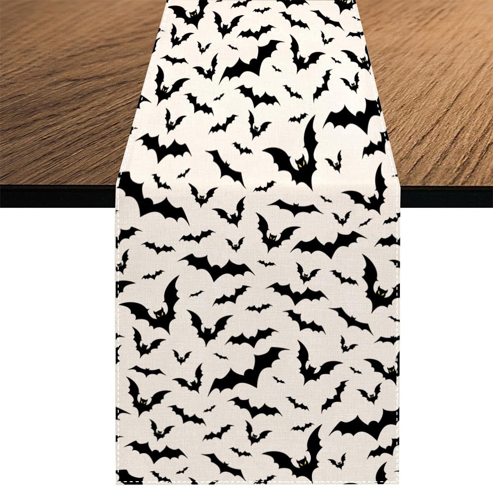 Halloween Bat Table Runner, Halloween Black Bat Holiday Kitchen Dining Table Dec