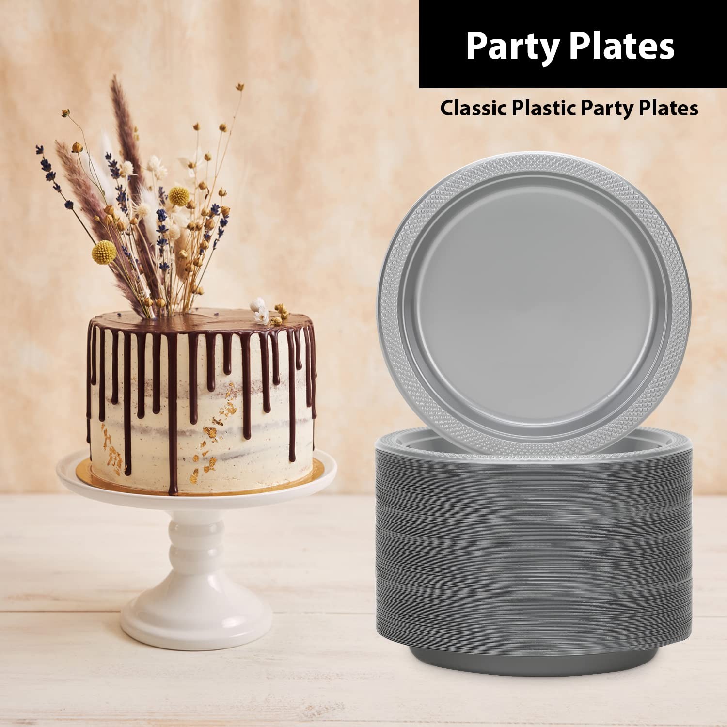 Silver Solid Color Premium Heavy Weight Plastic Dinner Plate (9″) 50 Count – …