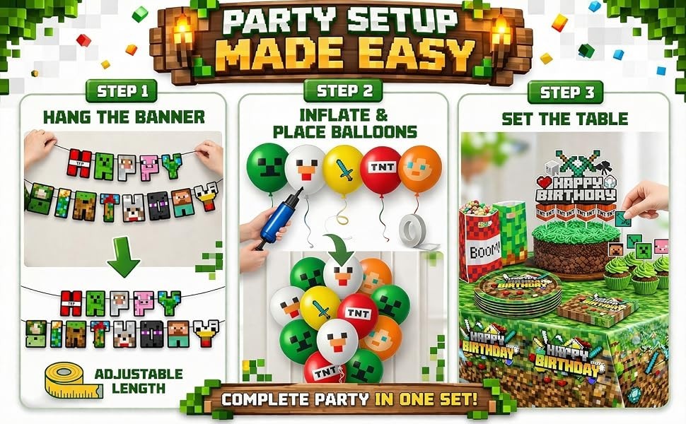 Pixel Birthday Party Decorations, Party Supplies Set Including Banner Tableware