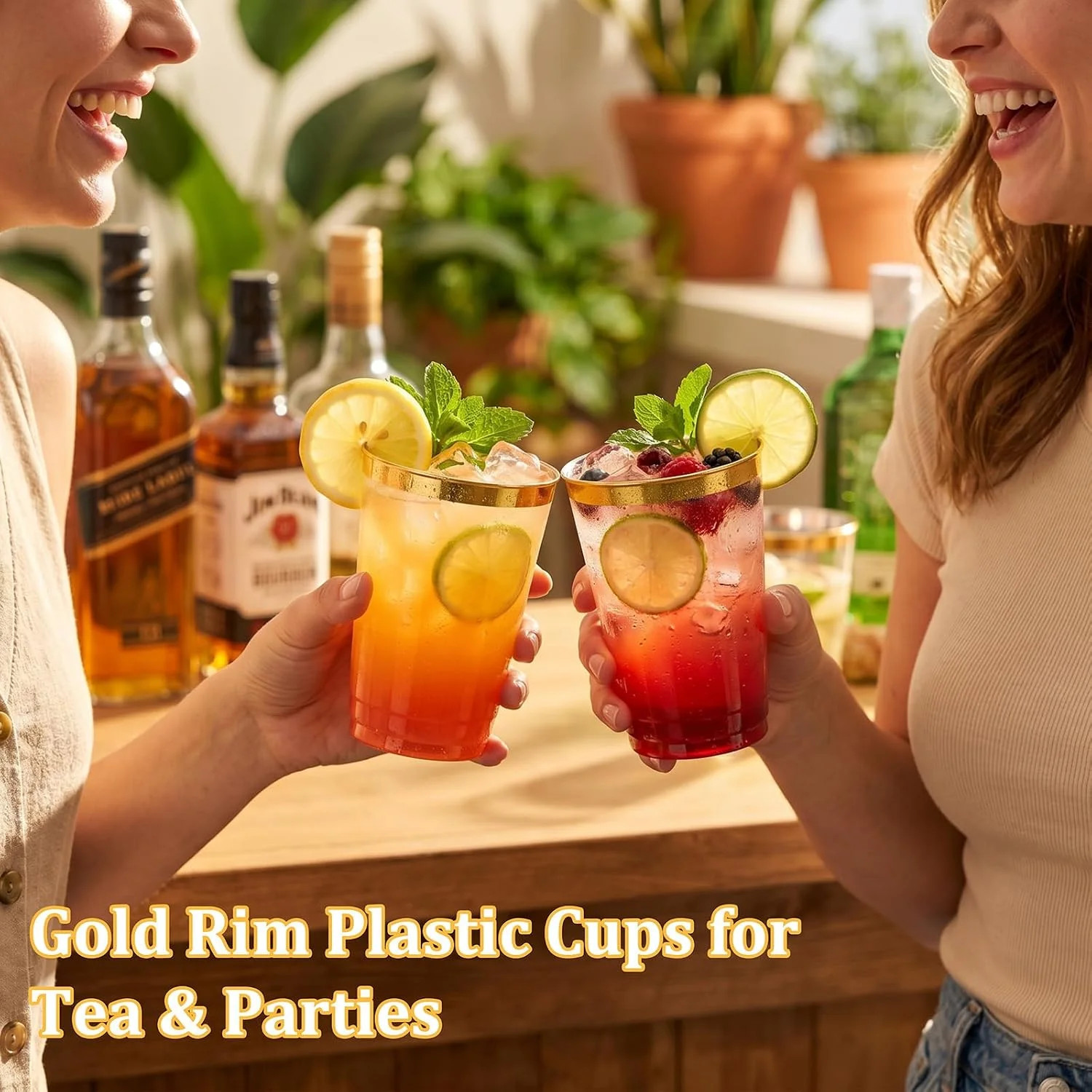 DaYammi 200 Pack Gold Plastic Cups 10 Oz Clear Cup Gold Rimmed Disposable Wine G