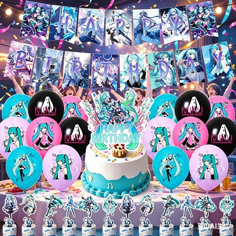 Anime Hatsune Miku Themed Birthday Party Decoration Banner Balloon Cake Topper