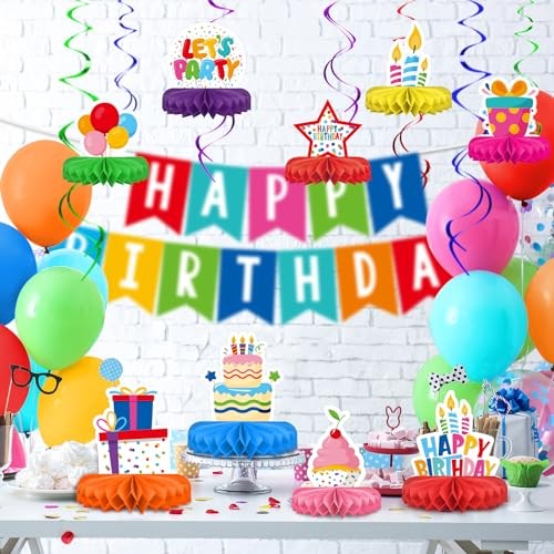 Happy Birthday Decorations Set – Colorful Themed Honeycomb Centerpiece, Table