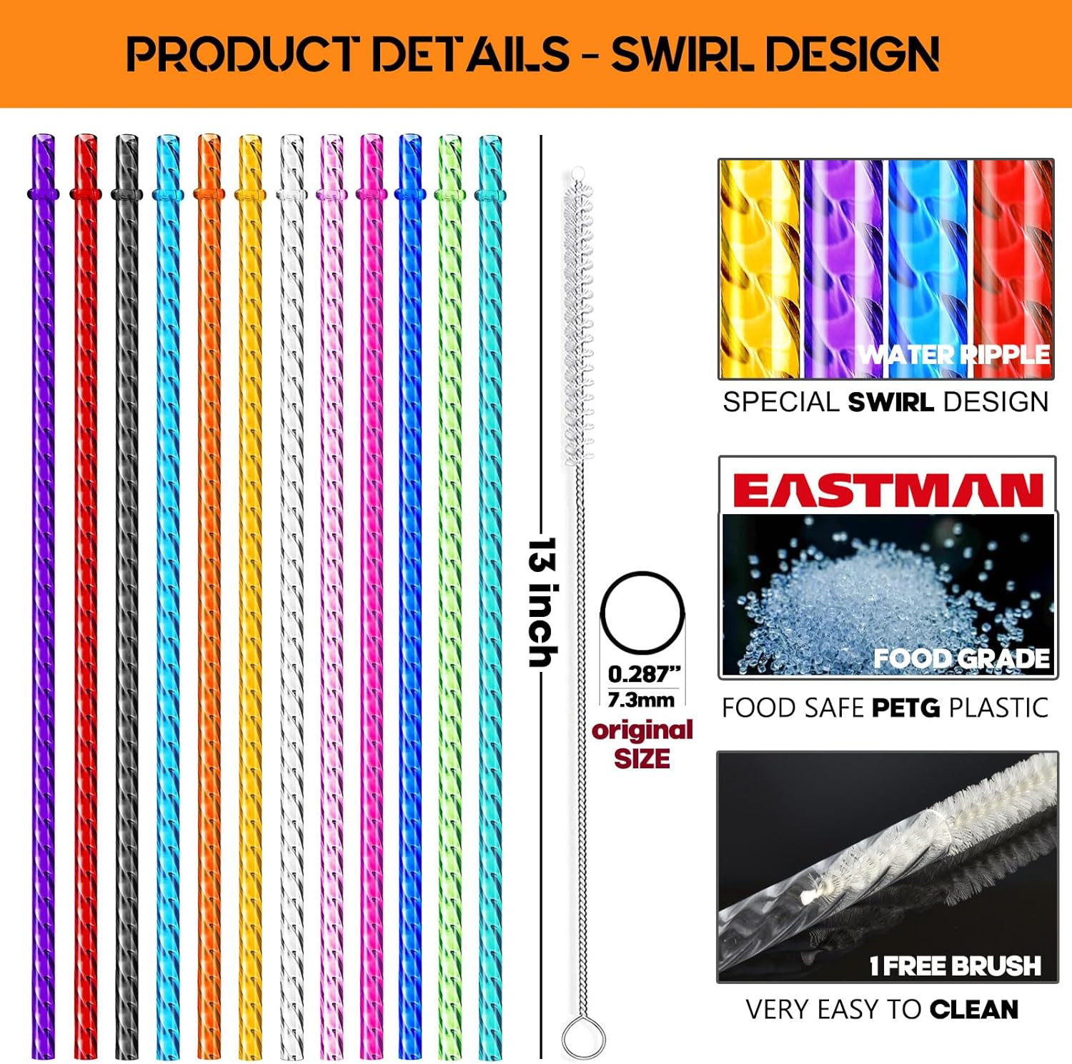 12-Pack Reusable Plastic Clear Swirl Straws, 13″ Extra Long Colorful Hard Plasti