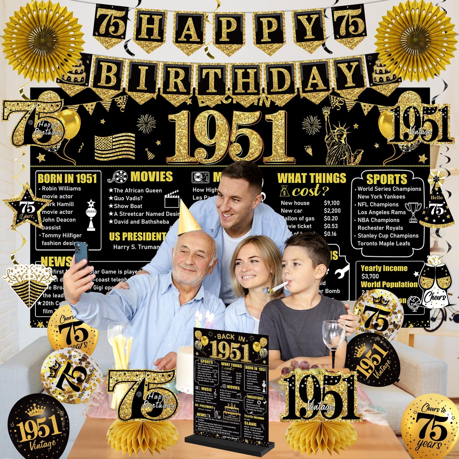 75th Birthday Decorations Kit for Men Women, Black Gold 24PCS Back in 1950