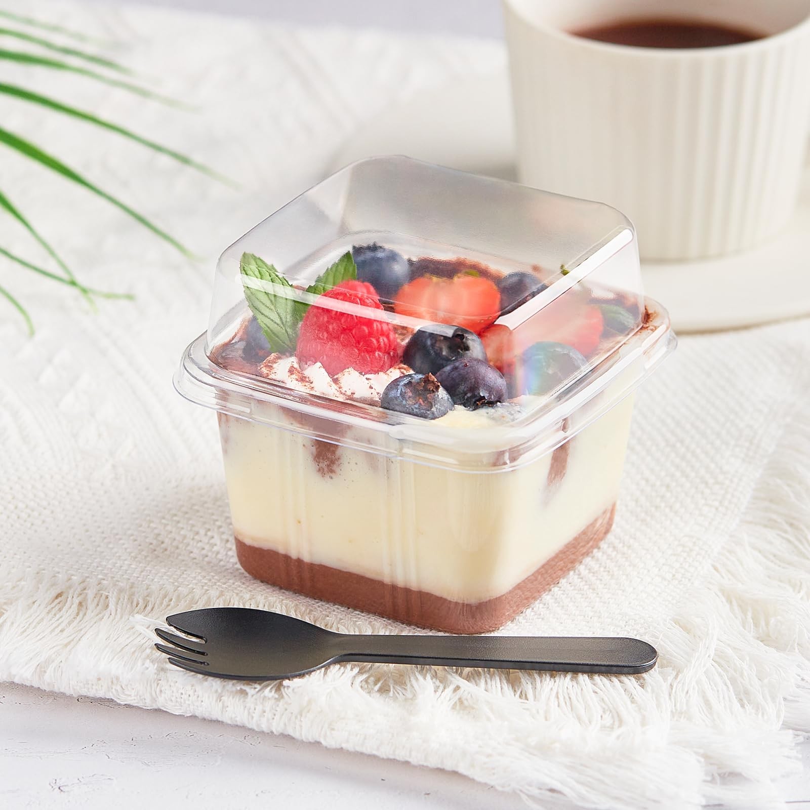 50 PCS 8 oz Clear Square Plastic Dessert Cups With Lids Sporks Containers