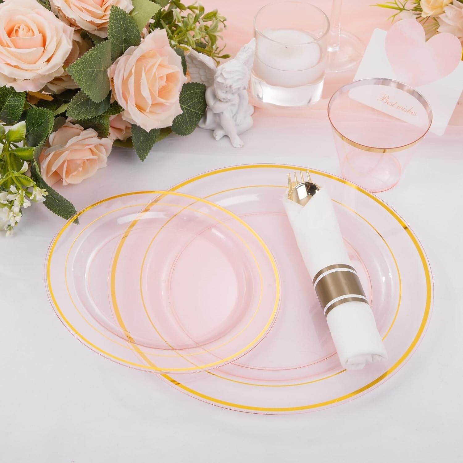 210Pcs Clear-Pink Plastic-Plates – Pink and Gold Plastic Dinnerware include 3…