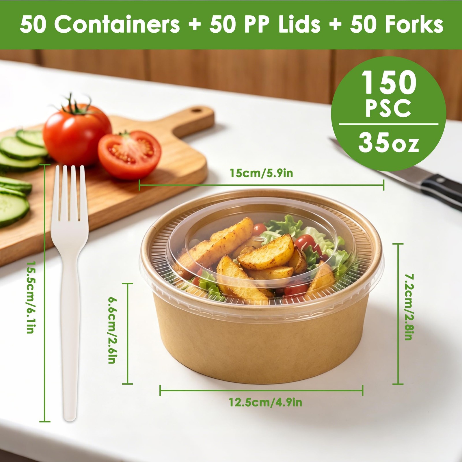 50-Pack 35oz Disposable Meal Prep Containers with Lids and Forks, Compostable…