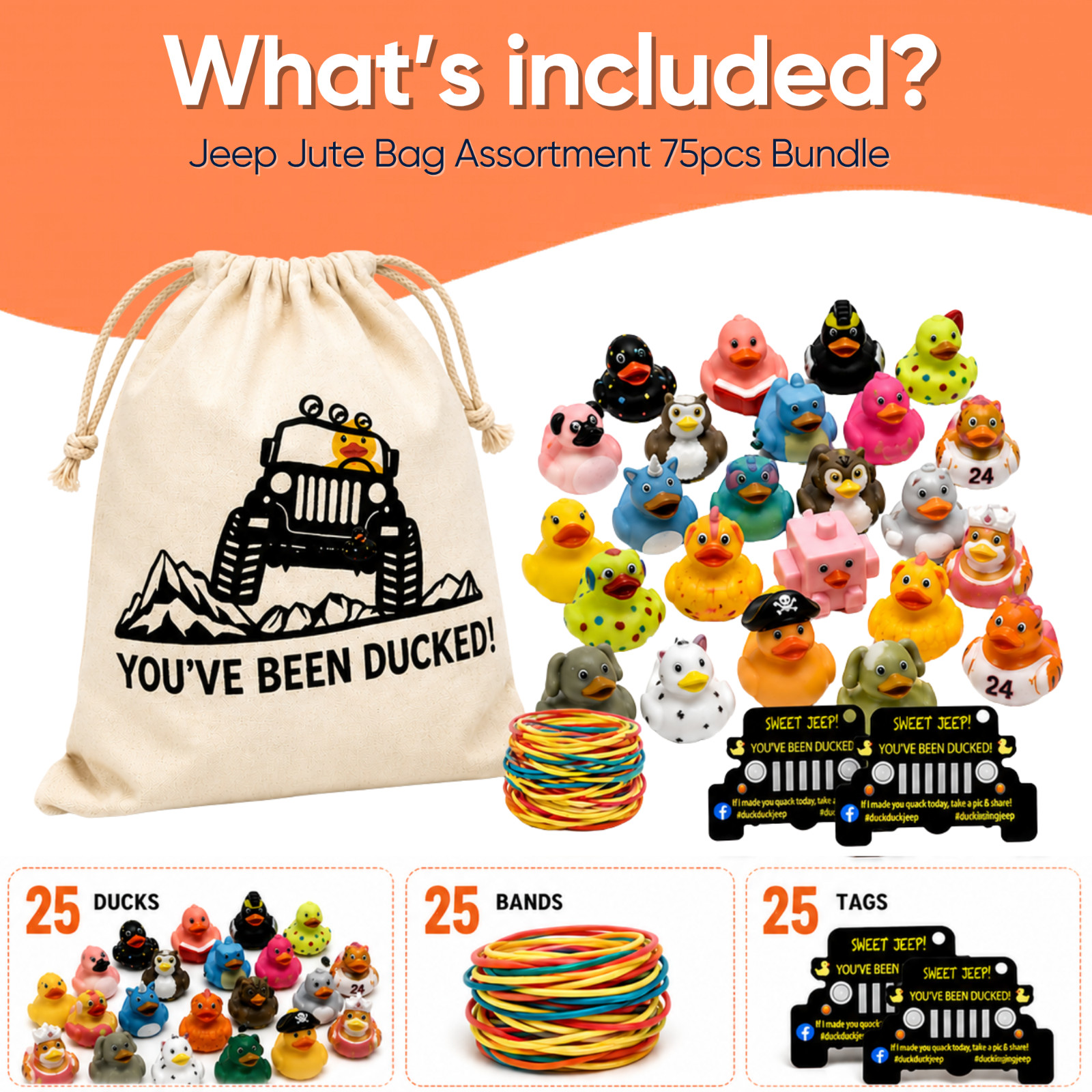 75pcs Rubber Ducks Jeep Ducking Kit 2″ Bath Toys Party Favors Bulk Jute Bag Gift