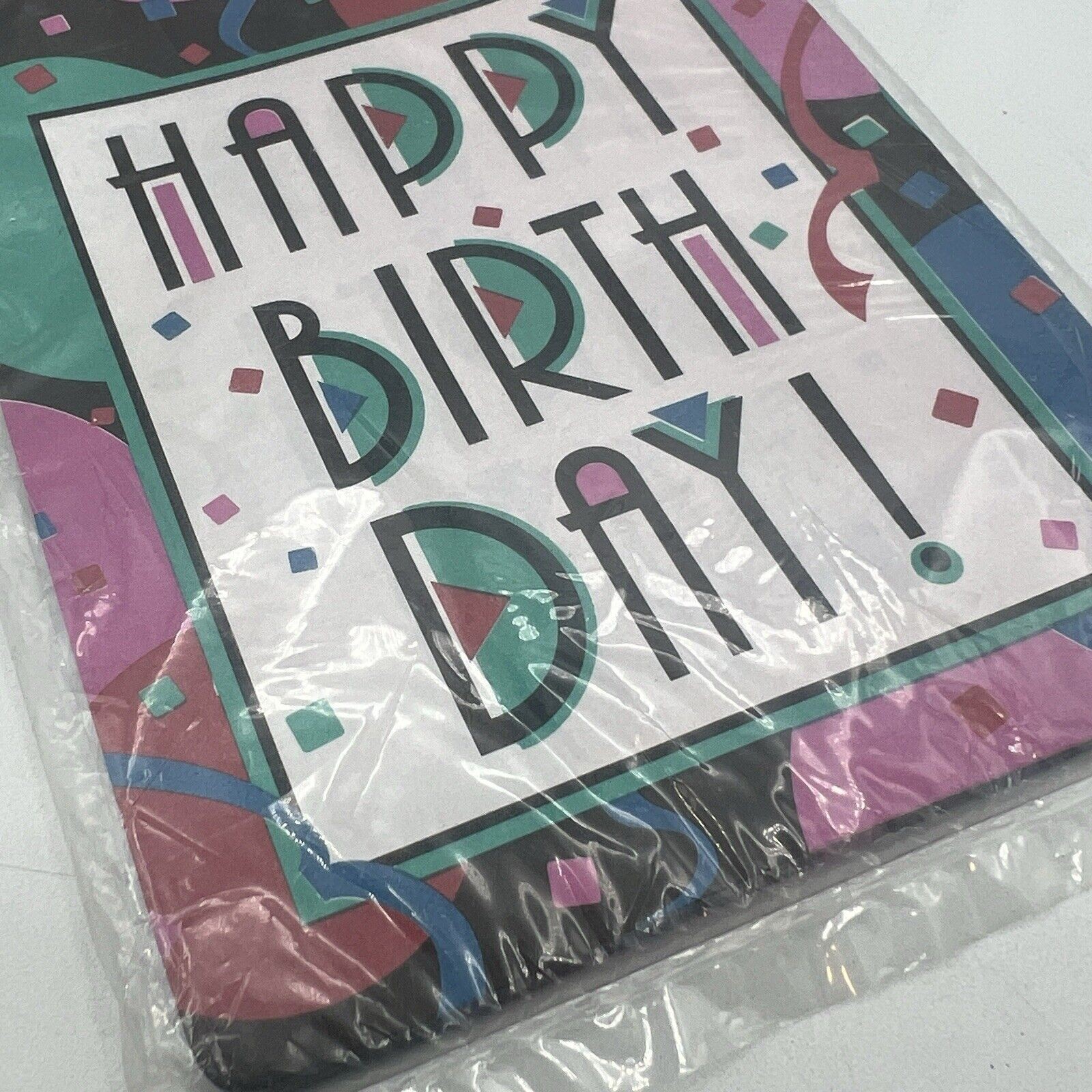 Vintage 1990s Art Deco Happy Birthday Hanging Banner Pink Teal Pop Art NEW