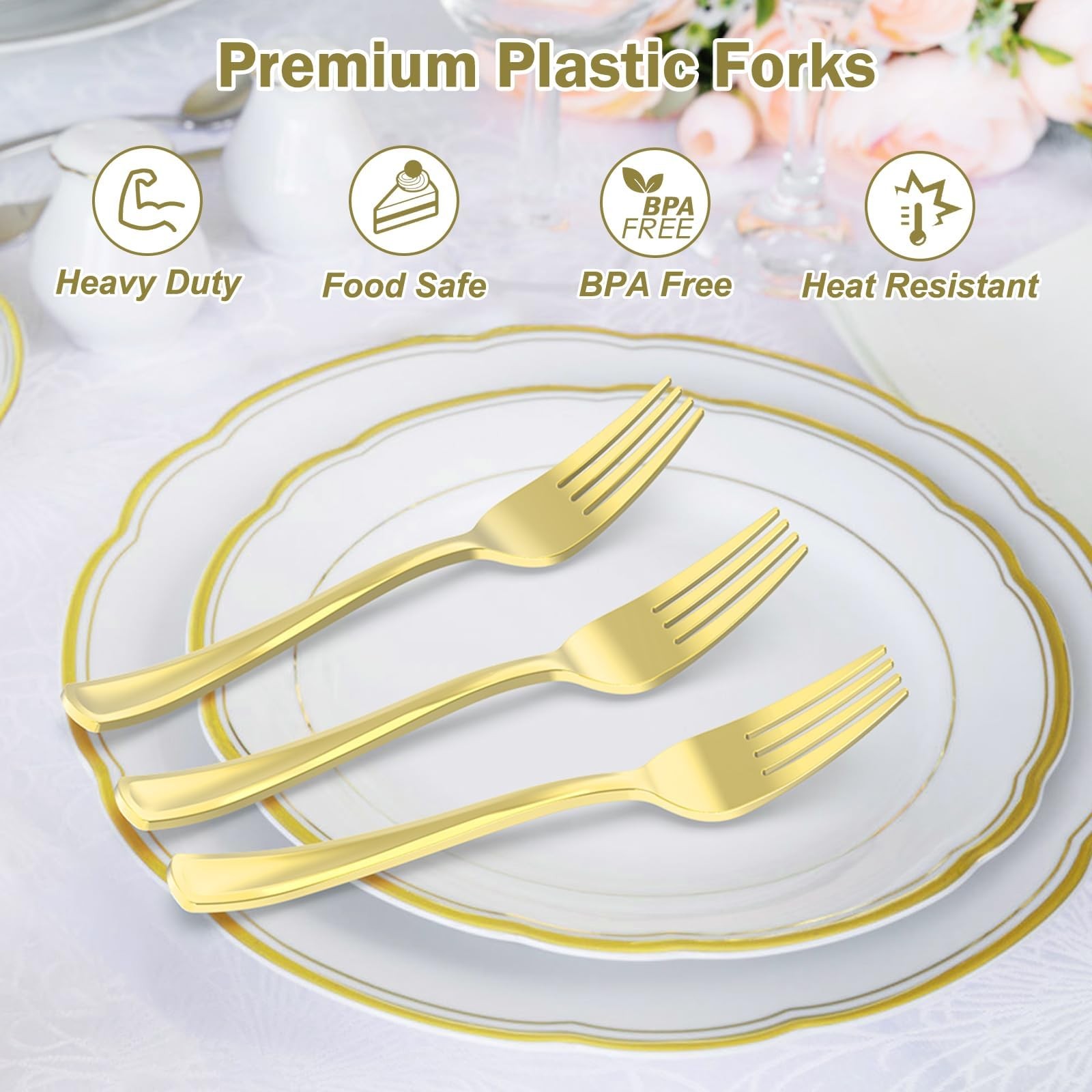 100 Count Heavy Duty Gold Plastic Forks Disposable, BPA-Free, Heat Resistant,…
