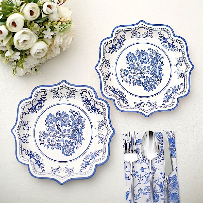 25 White Blue 8 in Floral Disposable Dessert Paper PLATES Scallop Trim Party