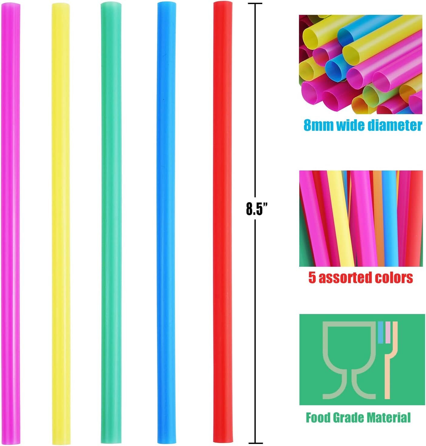 ALINK 8Mm Wide Assorted Bright Colors Smoothie Straws, Fat Plastic Disposable Dr