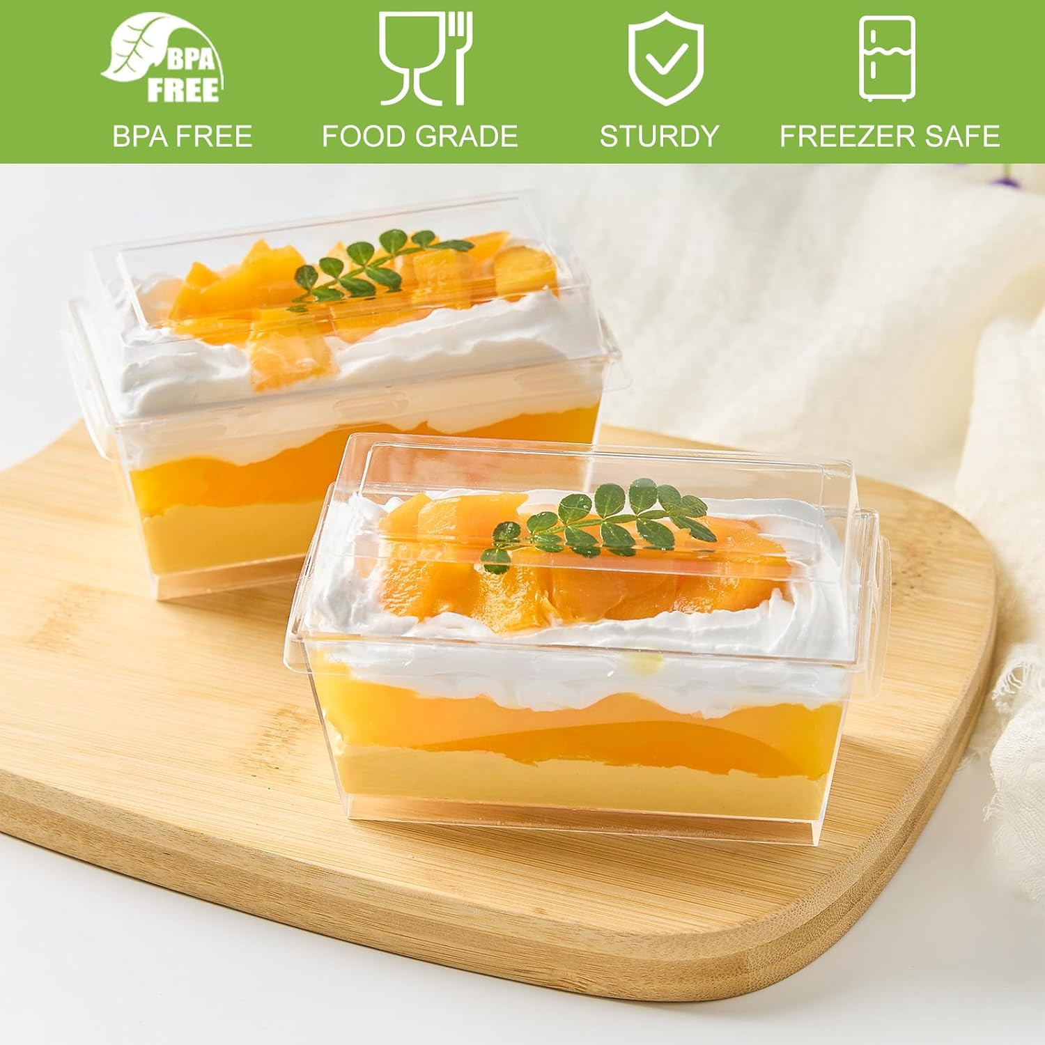5 Oz Mini Dessert Cups with Lids and Spoons, 50 Pack Clear Rectangle Parfait Cup
