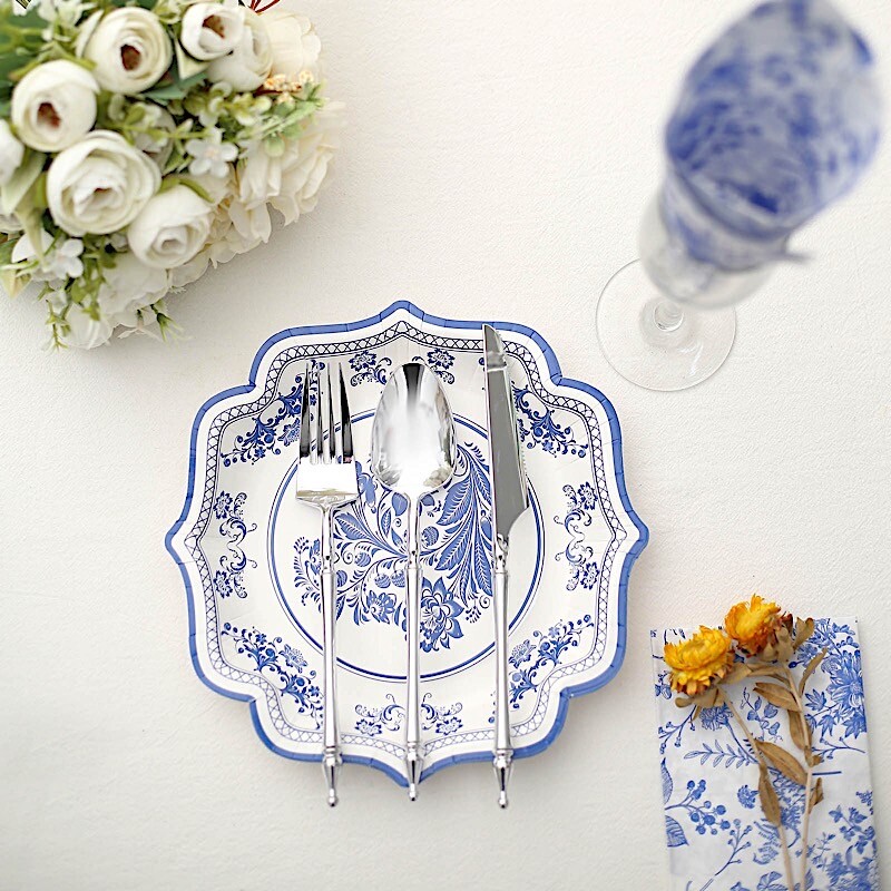 25 White Blue 8 in Floral Disposable Dessert Paper PLATES Scallop Trim Party