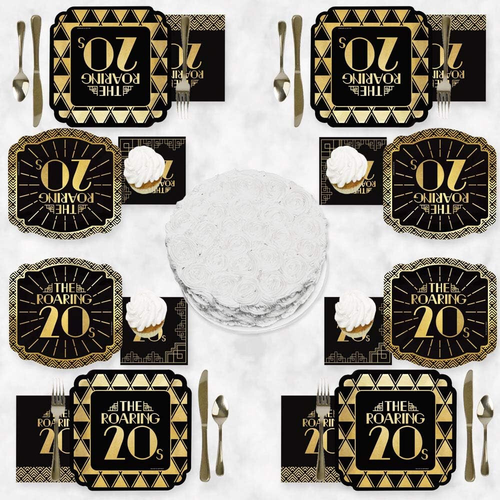 64 Piece Roaring 1920s Gold Foil art deco jazz theme tableware plates napkins