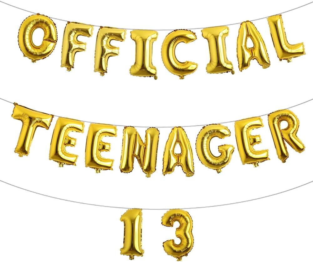 Official Teenager 13 Gold 16 Inch Letter Balloons, 18Pcs, Multicolor, Aluminium