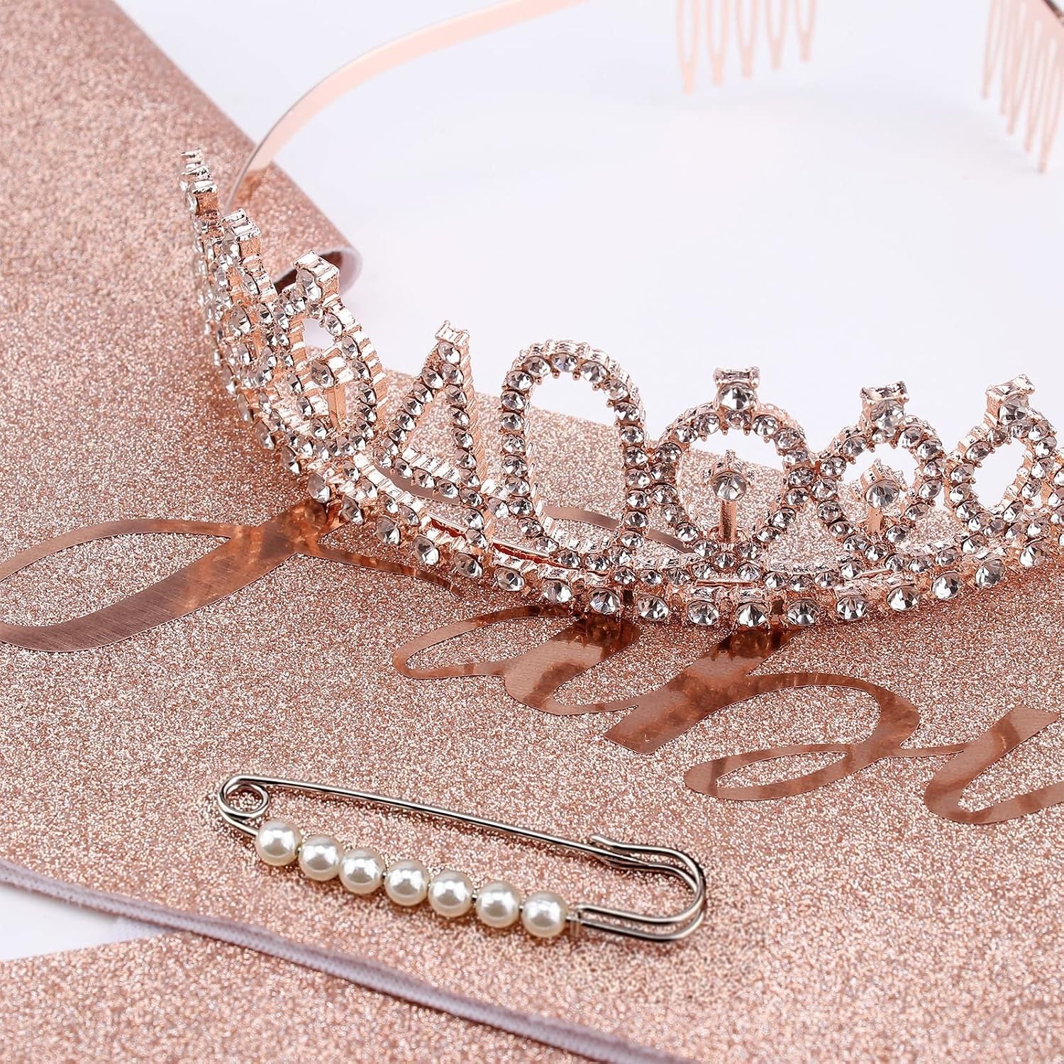 Glamorous 40th Birthday Crown and Sash Set with Rhinestone Tiara & Pearl Pins