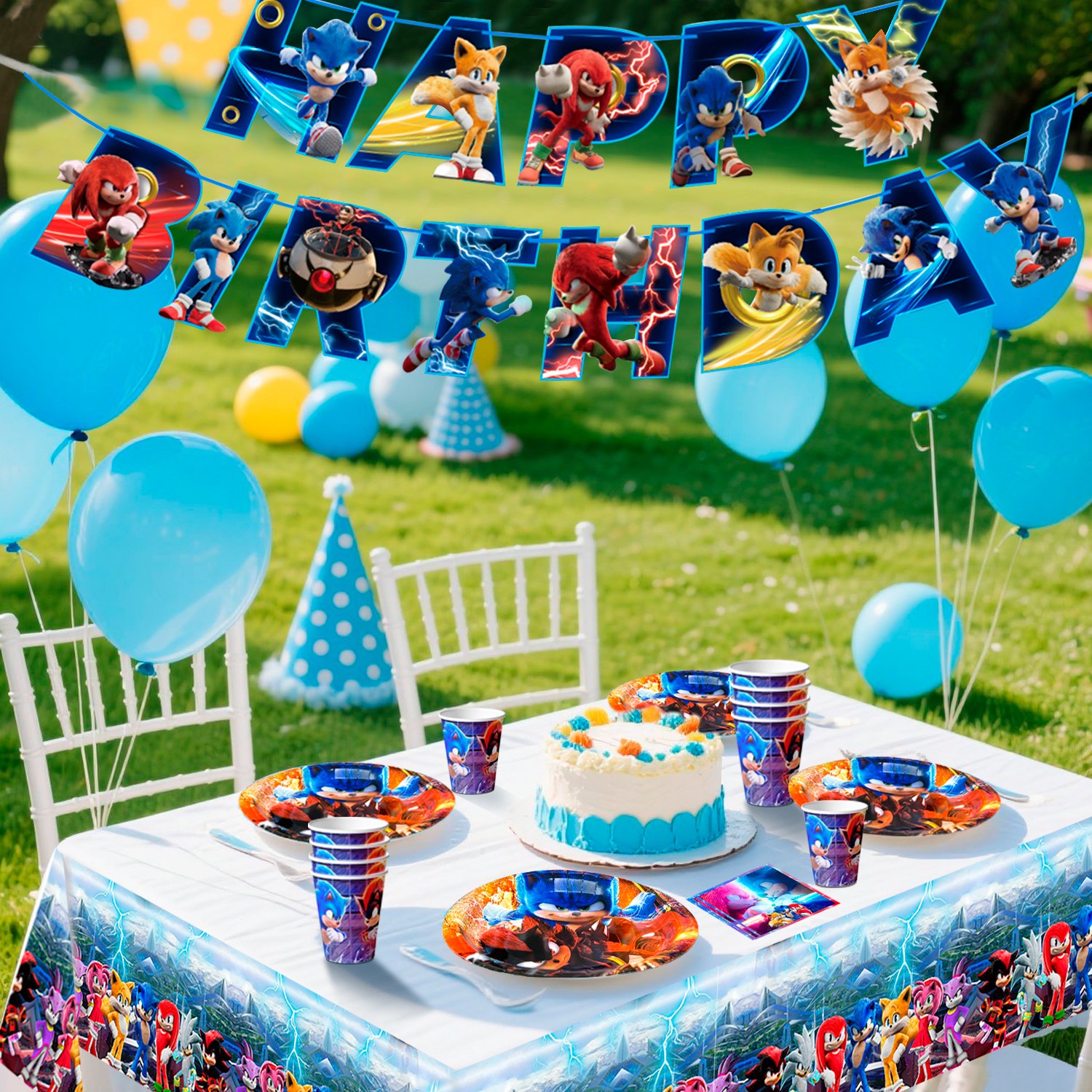 Sonic Party Supplies Tableware 118Pcs Sonic Tablecloth Banner Plates Napkins Cup